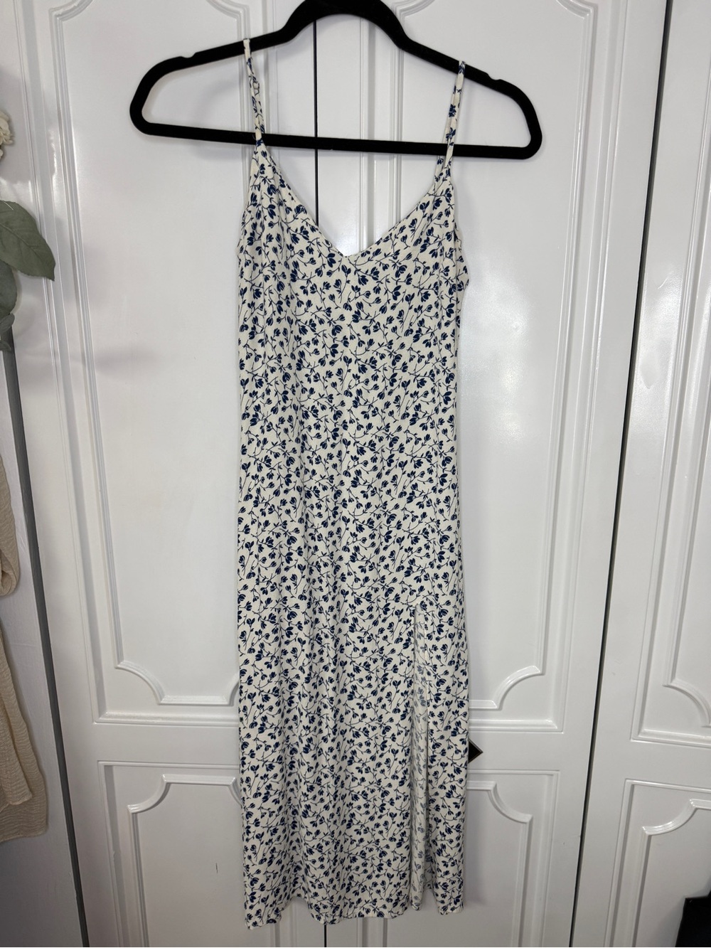 Reformation Cream Slip Midi Dress with Navy Floral Print